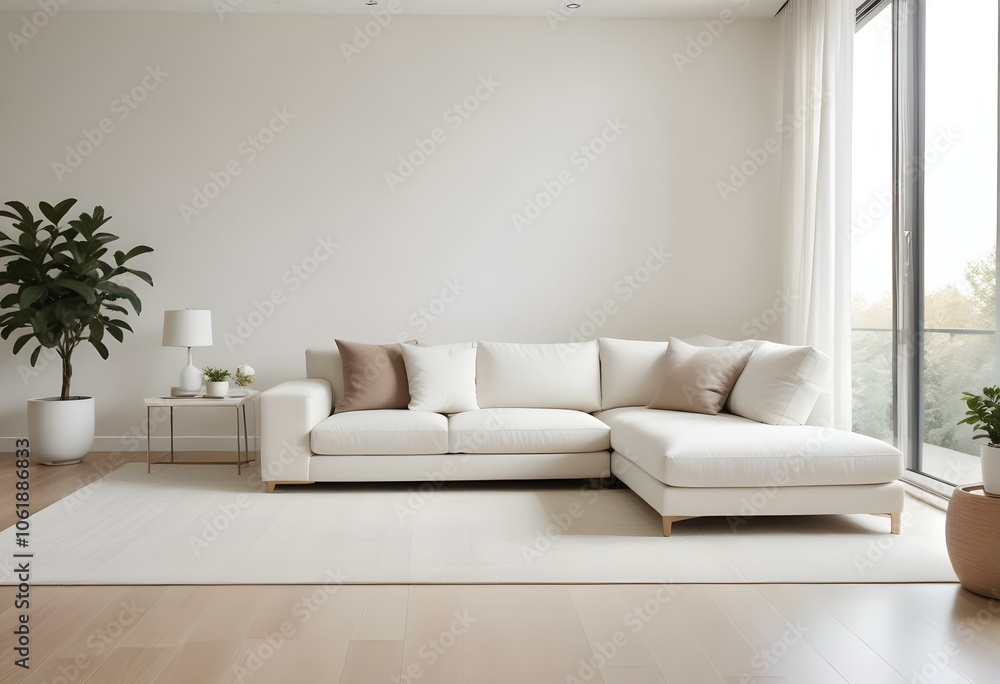 Fototapeta premium A modern living room with a large white sectional sofa, a white side table, and a beige area rug on a light hardwood floor.