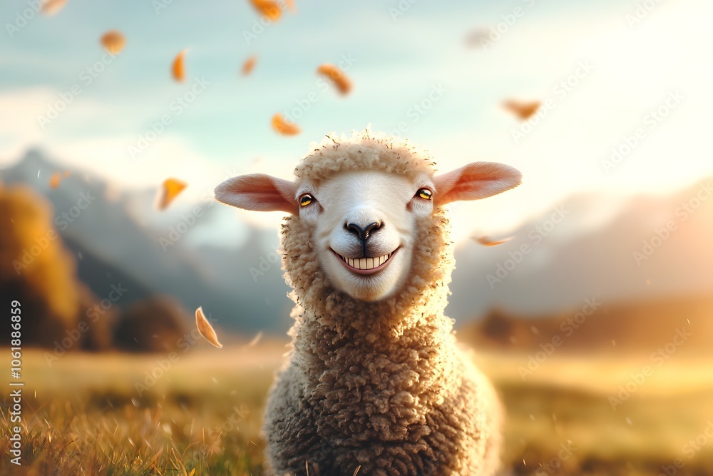 Fototapeta premium Comical Sheep in Photorealistic Landscape at Sunrise