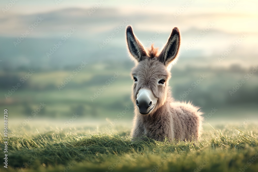 Fototapeta premium Grinning Donkey in a Scenic Pastoral Landscape