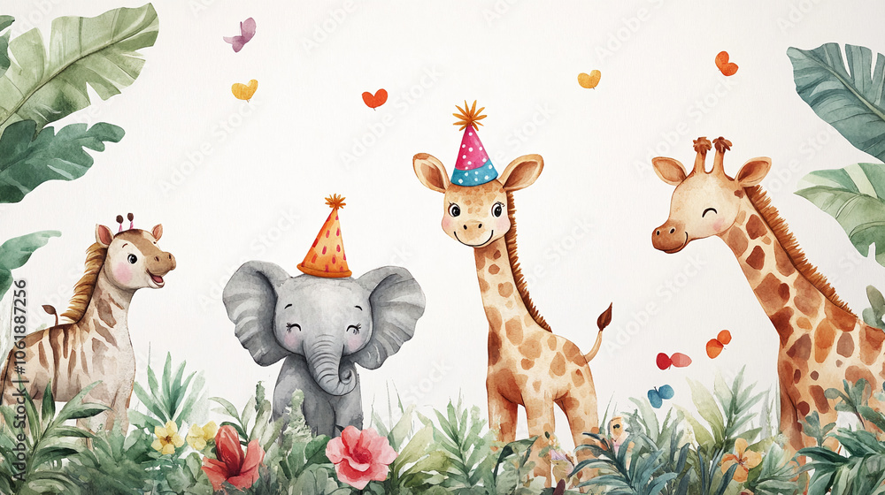 animal zoo concept celebration birthday background bright colors gifts, cake, balloons, confetti with birthday candles animal zoo concept celebration birthday background bright colors gifts, cake, balloons, confetti with birthday candles