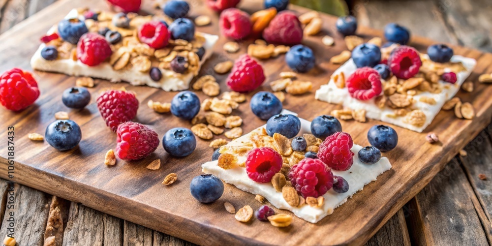 A delightful arrangement of creamy squares topped with a symphony of blueberries and raspberries, nestled among a bed of crunchy granola, presents a visual feast for the senses. A delightful arrangement of creamy squares topped with a symphony of blueberries and raspberries, nestled among a bed of crunchy granola, presents a visual feast for the senses.