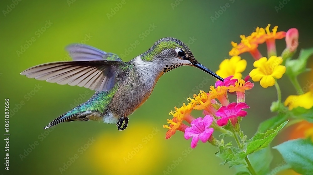Obraz premium A hummingbird hovers near a cluster of pink and yellow flowers with its beak extended to sip nectar.
