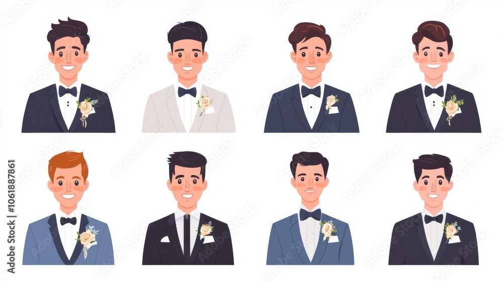 Collection of stylish men in tuxedos with various bow ties and flowers, perfect for wedding and formal event illustrations. Collection of stylish men in tuxedos with various bow ties and flowers, perfect for wedding and formal event illustrations.