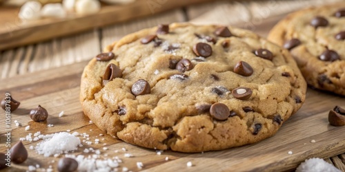 A close-up shot of a freshly baked chocolate chip cookie with a sprinkle of sea salt on top, resting on a wooden cutting board photo