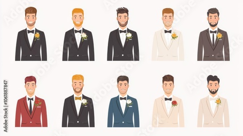 A collection of stylish men in formal suits for weddings, showcasing various colors and unique floral accessories. photo