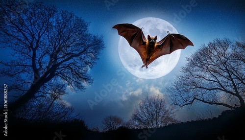 A bat flying in the sky during night time, halloween symbol photo