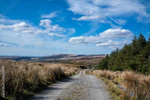 The blue water supply pipe coming from of Lough Anna, the drinking water supply for Glenties and Ardara - County Donegal, Ireland - Carnaween in the background