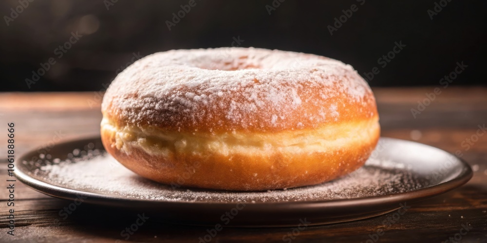 A single, golden-brown donut dusted with powdered sugar, resting on a dark brown plate, set against a rustic wooden backdrop A single, golden-brown donut dusted with powdered sugar, resting on a dark brown plate, set against a rustic wooden backdrop