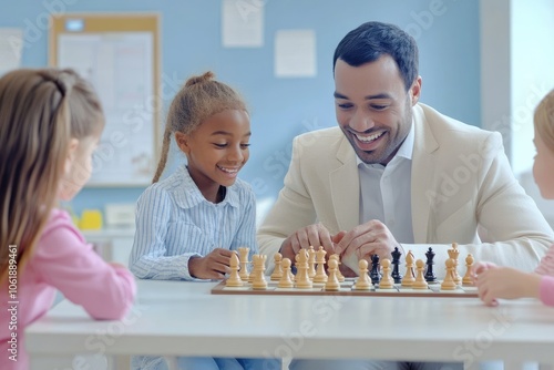 A group of children and their teacher playing chess in the classroom, all smiling happily as they take turns moving pieces on the board photo