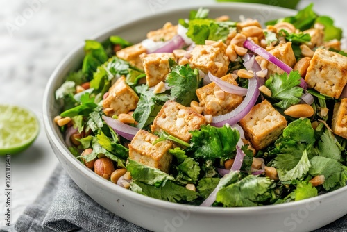 Tofu larb with fresh herbs, red onions, and crunchy peanuts, garnished with lime photo