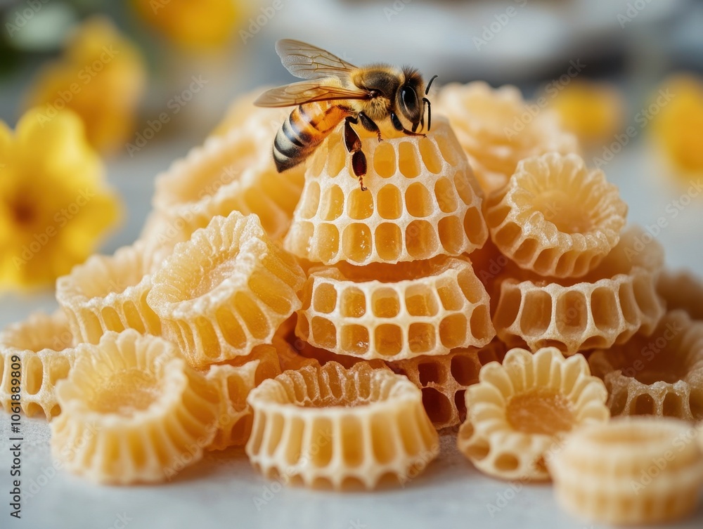 A busy bee atop freshly harvested honeycomb in a sunlit kitchen, showcasing nature\'s sweet harmony and artisanal craftsmanship A busy bee atop freshly harvested honeycomb in a sunlit kitchen, showcasing nature\'s sweet harmony and artisanal craftsmanship