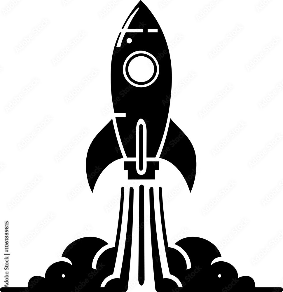 Minimalist illustration of rocket taking off with smoke trail. Image that refers to growth, evolution, increase, enrichment Minimalist illustration of rocket taking off with smoke trail. Image that refers to growth, evolution, increase, enrichment