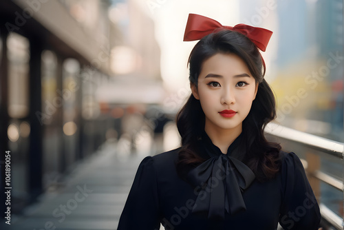 A woman wearing a black dress and a red bow in her hair