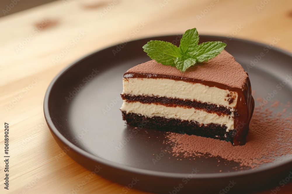 Delicious chocolate cake slice with mint garnish on a dark plate Delicious chocolate cake slice with mint garnish on a dark plate