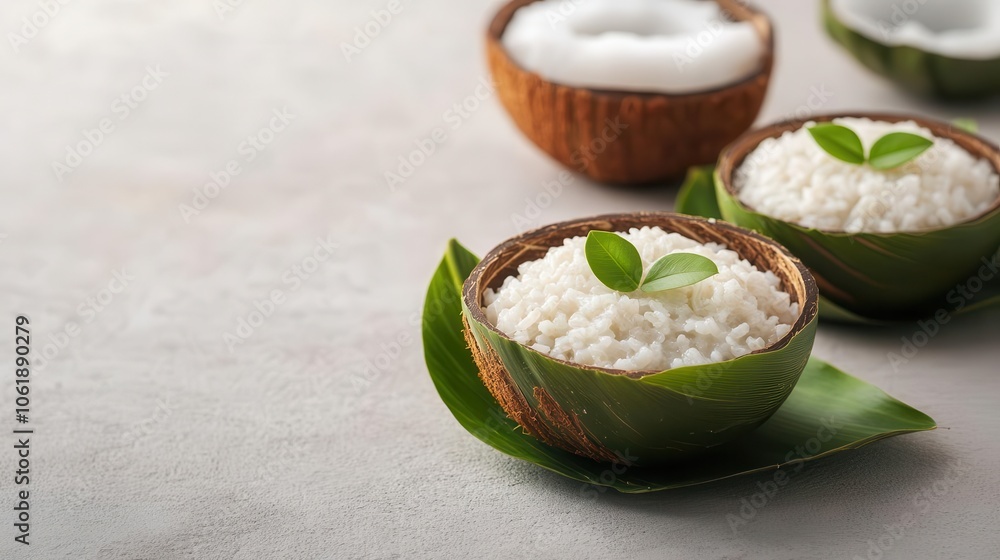 Vegan coconut dessert made with sticky rice and fresh coconut milk in banana leaf cups Vegan coconut dessert made with sticky rice and fresh coconut milk in banana leaf cups