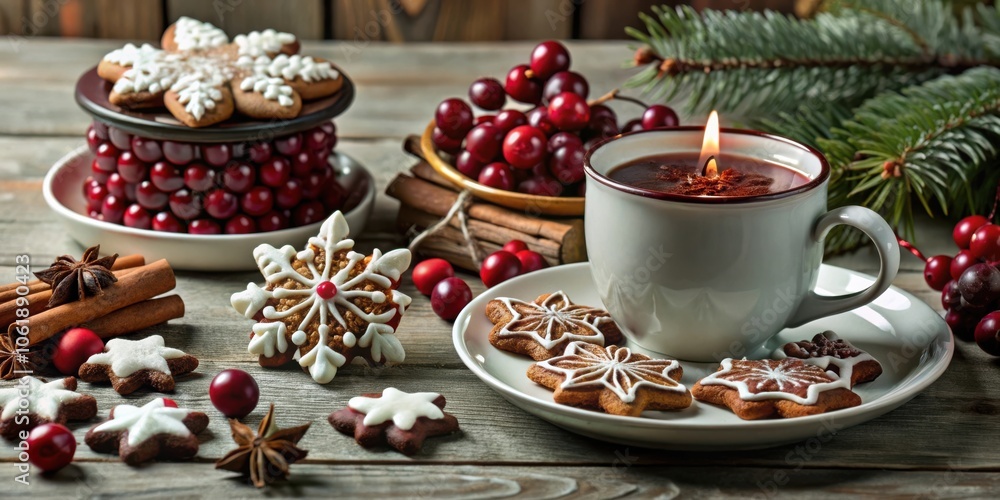 A Festive Tabletop Still Life Featuring a Lighted Candle in a Mug, Cinnamon Sticks, Star-Shaped Cookies, and Fresh Cranberries A Festive Tabletop Still Life Featuring a Lighted Candle in a Mug, Cinnamon Sticks, Star-Shaped Cookies, and Fresh Cranberries