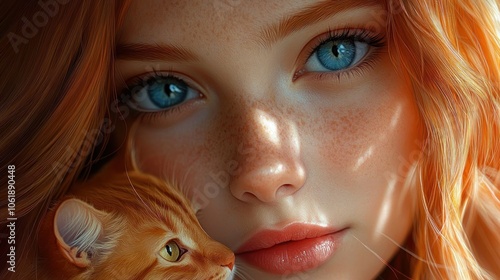 A young woman with freckles and blue eyes gazes into the camera, her ginger cat nuzzling against her shoulder, bathed in soft, dappled sunlight. photo