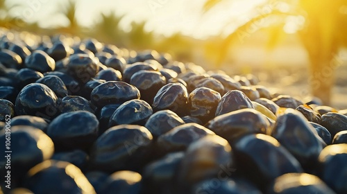 Sunlit Closeup of Fresh Dates in Madinah Munawwarah, Saudi Arabia, Bringing Out the Holy City’s Natural, Vibrant Atmosphere Amidst Its Palm-Laden Landscape photo