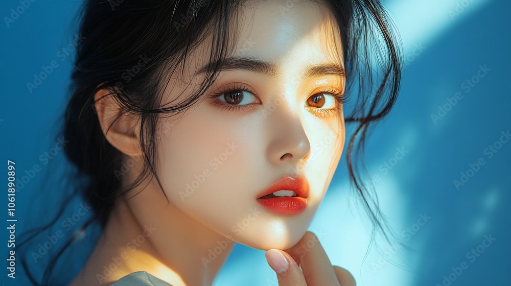 Close-up portrait of a young woman with long black hair, looking at the camera, with soft, natural light illuminating her face. Close-up portrait of a young woman with long black hair, looking at the camera, with soft, natural light illuminating her face.