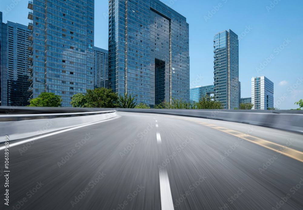Dynamically blurred highways and the skyline of Hangzhou, China Dynamically blurred highways and the skyline of Hangzhou, China