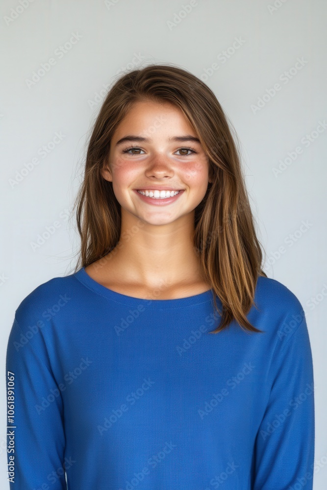 Smiling young woman with long brown hair wearing a blue sweater Smiling young woman with long brown hair wearing a blue sweater