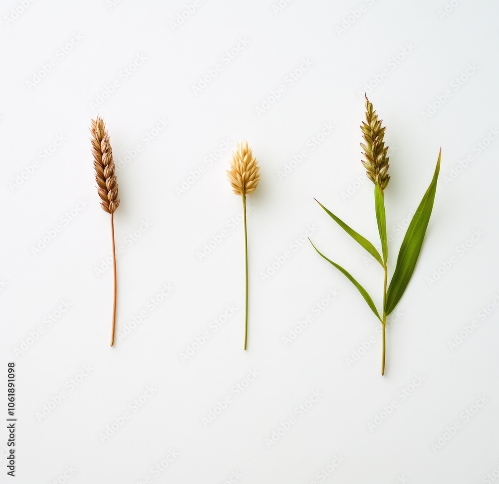 Close-up of various wheat and grain stalks on a plain white background Close-up of various wheat and grain stalks on a plain white background