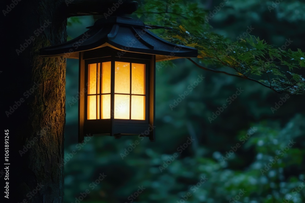 A Glowing Lantern Hung on a Tree Trunk in a Forest A Glowing Lantern Hung on a Tree Trunk in a Forest