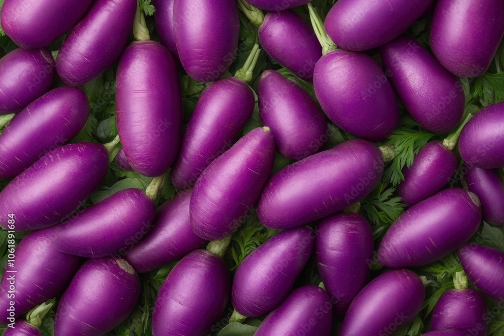 Vibrant purple eggplants on display Vibrant purple eggplants on display