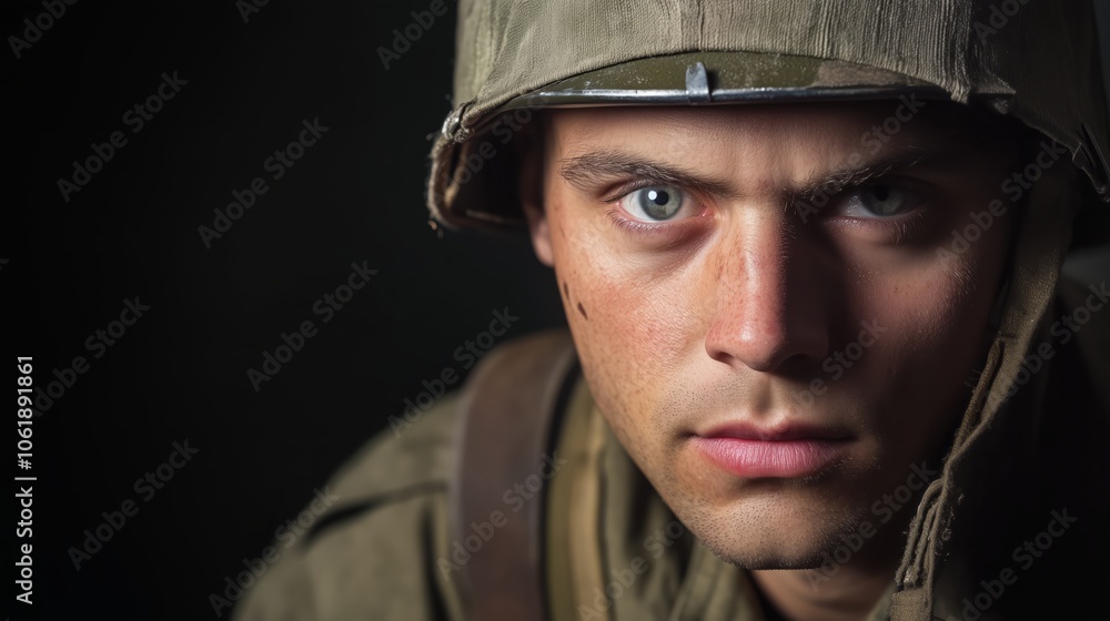 A detailed close up view showcasing a soldiers face, wearing a helmet A detailed close up view showcasing a soldiers face, wearing a helmet