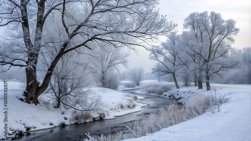 Winter Forest with Trees and Stream, Snow-Covered Winter Landscape,Frozen Stream and Snowy Trees in Scenic Winter Forest Winter Forest with Trees and Stream, Snow-Covered Winter Landscape,Frozen Stream and Snowy Trees in Scenic Winter Forest