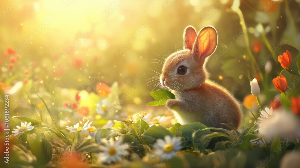 Cute baby bunny nibbling on fresh green leaves in a vibrant spring meadow, surrounded by flowers and soft light Cute baby bunny nibbling on fresh green leaves in a vibrant spring meadow, surrounded by flowers and soft light