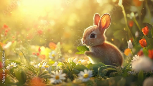 Cute baby bunny nibbling on fresh green leaves in a vibrant spring meadow, surrounded by flowers and soft light