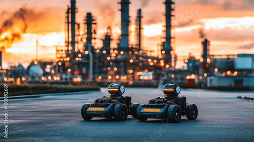 Two small robots on a paved road in front of a refinery at sunset.