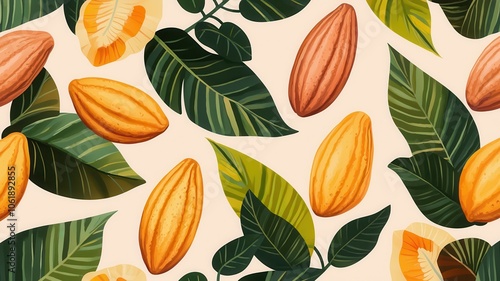 Cocoa pods and leaves arranged on a light background, vibrant colors and textures