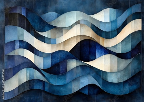 Abstract waves in varying shades of blue and cream create a dynamic, textured composition.