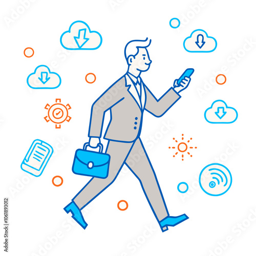 businessman briefcase walking looking at smartphone, busy multitasking motion