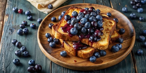 Golden French Toast Topped with a Generous Serving of Fresh Blueberries and a Drizzle of Sweet Syrup