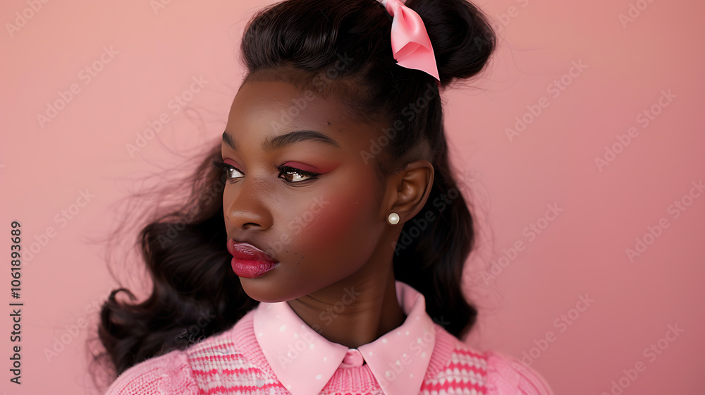 everyday retro style, african american woman with natural features, blemishes, long thick wavy ponytail with pink bow, pink argyle sweater, and tennis skirt for a s-style look everyday retro style, african american woman with natural features, blemishes, long thick wavy ponytail with pink bow, pink argyle sweater, and tennis skirt for a s-style look