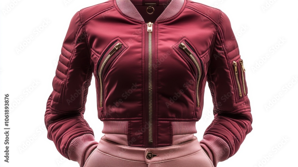 A close-up of a maroon bomber jacket with gold zippers. The jacket has a quilted texture and is cropped. A close-up of a maroon bomber jacket with gold zippers. The jacket has a quilted texture and is cropped.