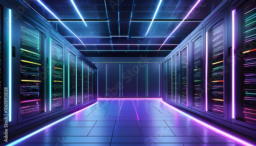 3D illustration of a futuristic server room with glowing data connections between racks