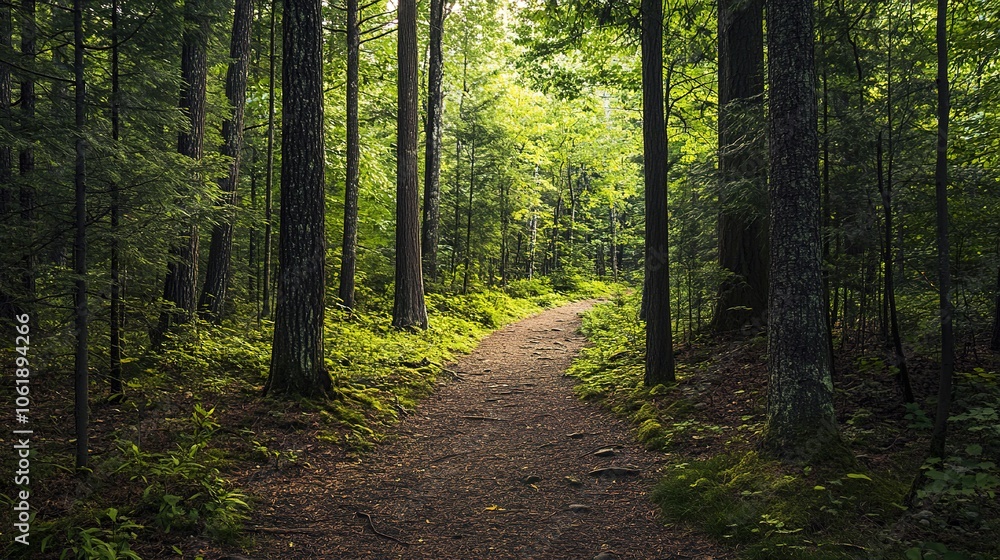 Obraz premium Serene forest path surrounded by lush green trees.