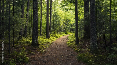 Fototapeta Naklejka Na Ścianę i Meble -  Serene forest path surrounded by lush green trees.