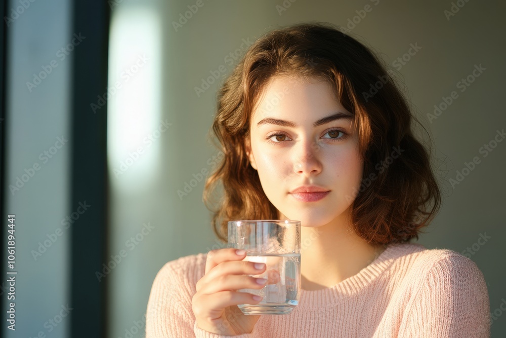 young woman holding glass of water looking thoughtful young woman holding glass of water looking thoughtful