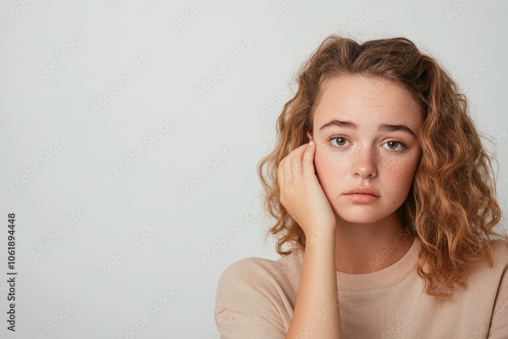 Thoughtful young woman with curly hair looking pensive Thoughtful young woman with curly hair looking pensive