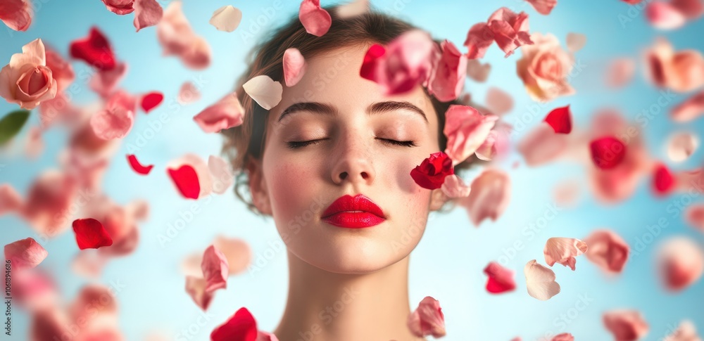 woman with closed eyes surrounded by falling rose petals woman with closed eyes surrounded by falling rose petals