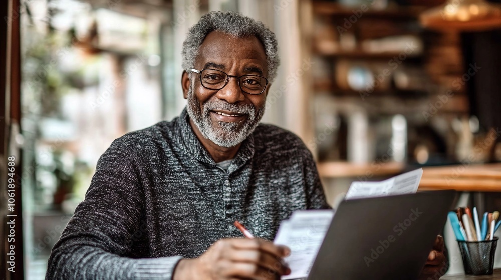 Senior man working on laptop and documents at a cafe. Senior man working on laptop and documents at a cafe.