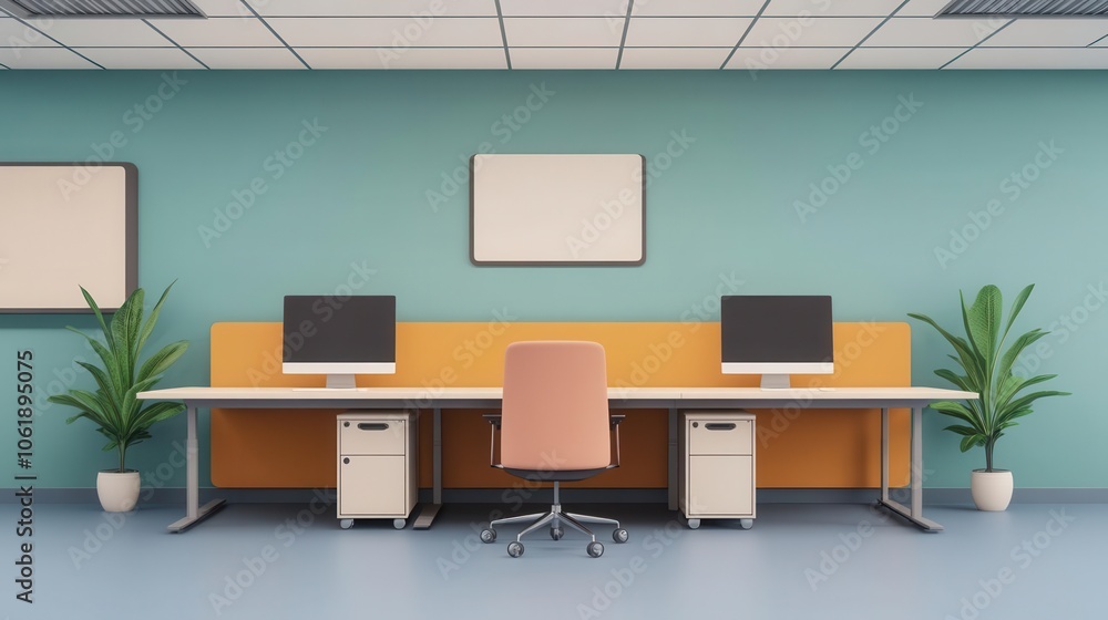 A modern office space featuring two computers, a pink chair, and plants, set against a teal background with an empty wall for decoration. A modern office space featuring two computers, a pink chair, and plants, set against a teal background with an empty wall for decoration.