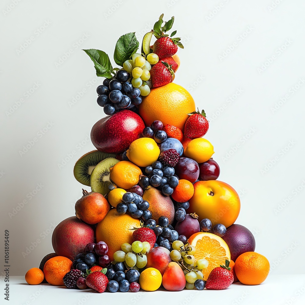 A creative display of fruits with unique shapes, surreal style, bold tones, isolated on white background. A creative display of fruits with unique shapes, surreal style, bold tones, isolated on white background.