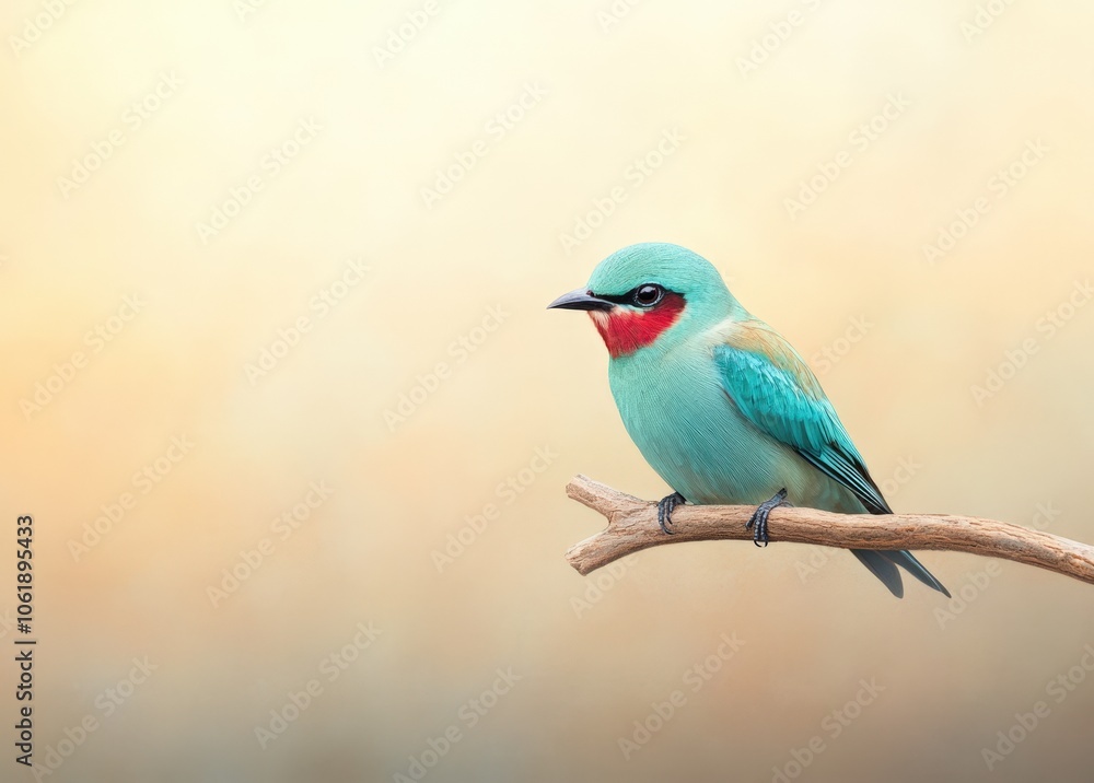 Vibrant turquoise bird perched on a branch against a soft yellow background Vibrant turquoise bird perched on a branch against a soft yellow background