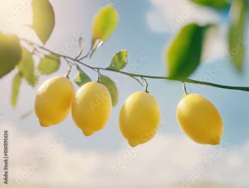 Ripe lemons hanging on a tree branch against a blue sky
